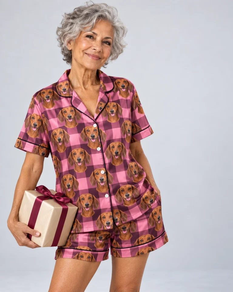 Woman posing in womens dachshund short sleeve pajamas, red smooth-coated Dachshund faces on pink plaid satin — MyDogPics