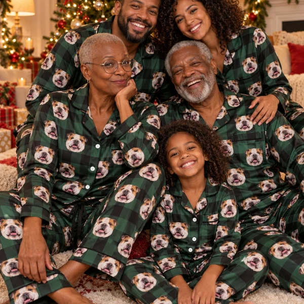 Woman and her family in matching womens english bulldog Christmas pajamas — MyDogPics