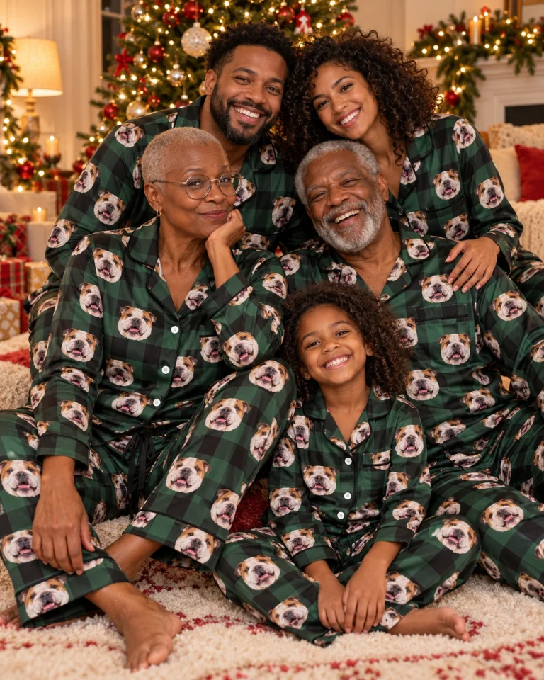 Woman and her family in matching womens english bulldog Christmas pajamas — MyDogPics