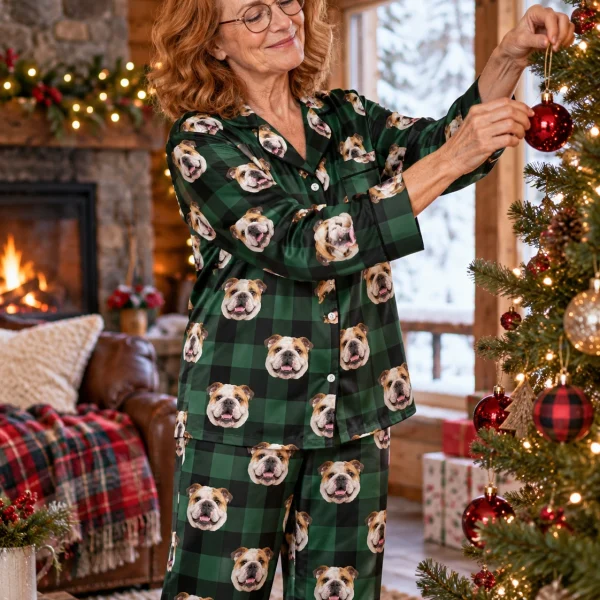 Woman posing in womens english bulldog Christmas pajamas with white-and-fawn English Bulldog faces — MyDogPics