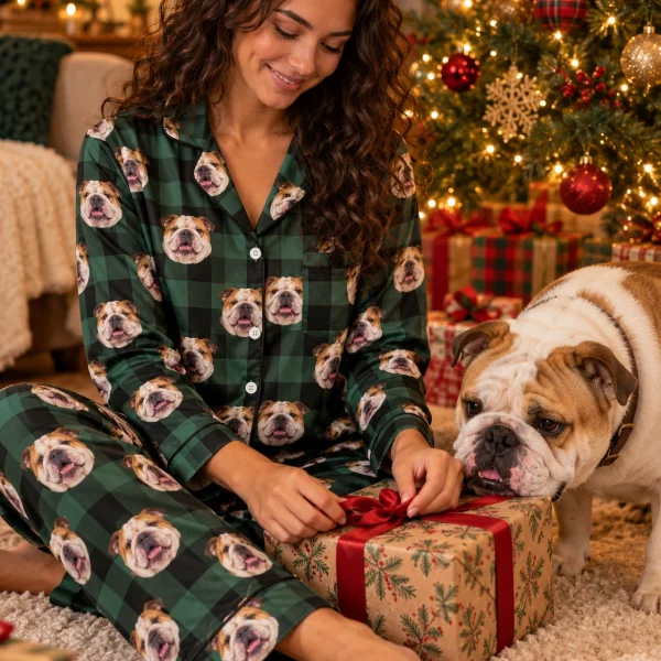 Woman in womens english bulldog Christmas pajamas with her Bulldog — MyDogPics