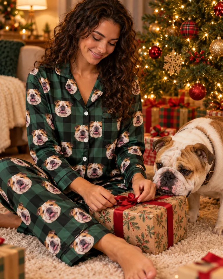 Woman in womens english bulldog Christmas pajamas with her Bulldog — MyDogPics