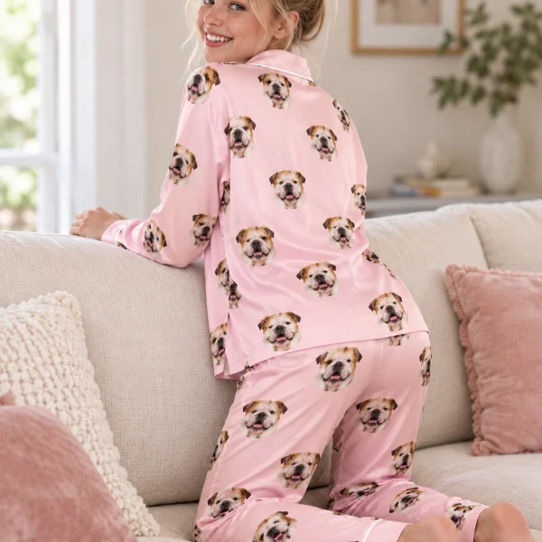 Back view of womens english bulldog pajamas: the print continues all the way round — MyDogPics