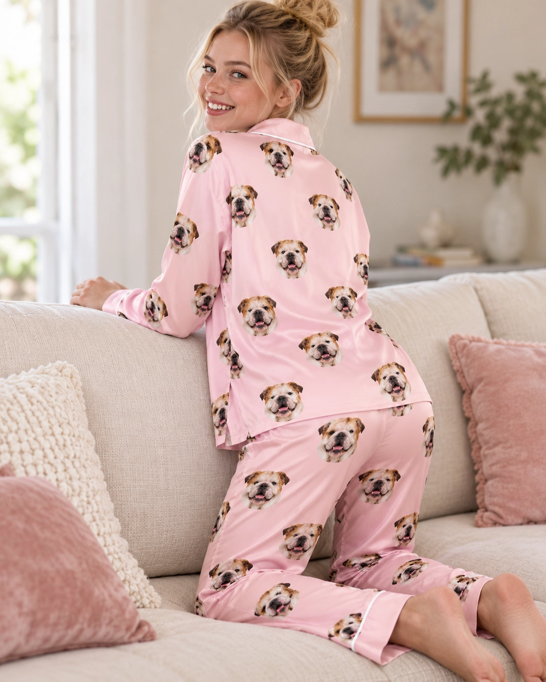 Women’s English Bulldog Pajamas – Back View, Blush Pink | MyDogPics Back view of womens english bulldog pajamas: the print continues all the way round — MyDogPics