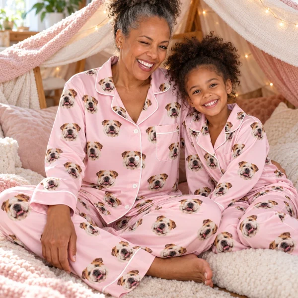 Woman and her daughter in matching womens english bulldog pajamas with white-and-fawn English Bulldog faces — MyDogPics