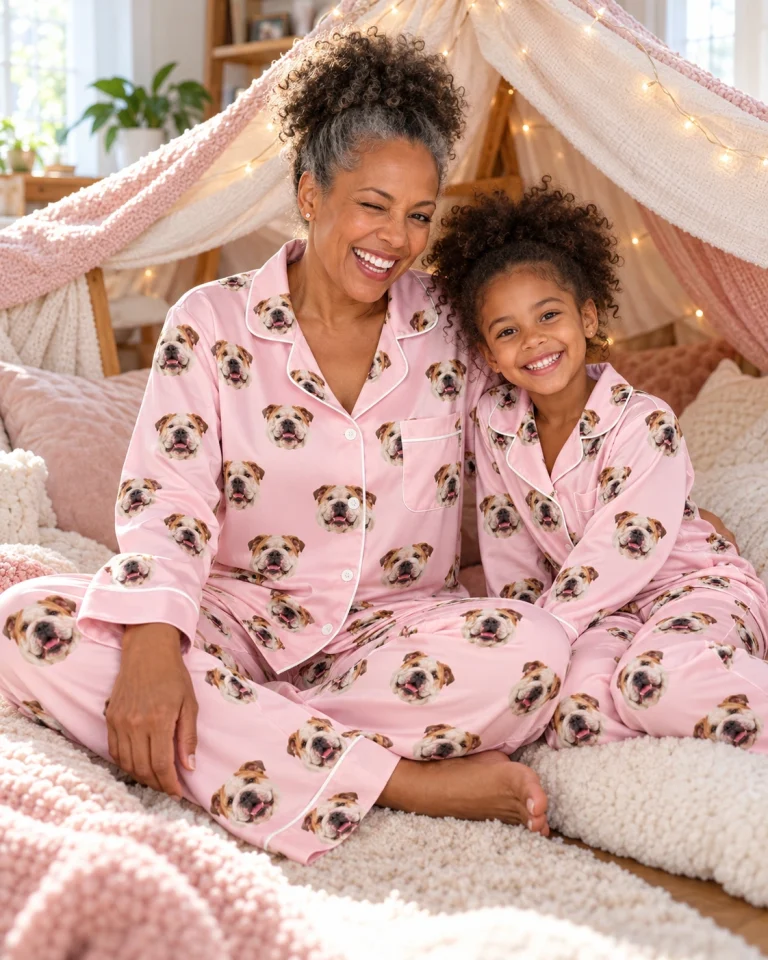 Woman and her daughter in matching womens english bulldog pajamas with white-and-fawn English Bulldog faces — MyDogPics