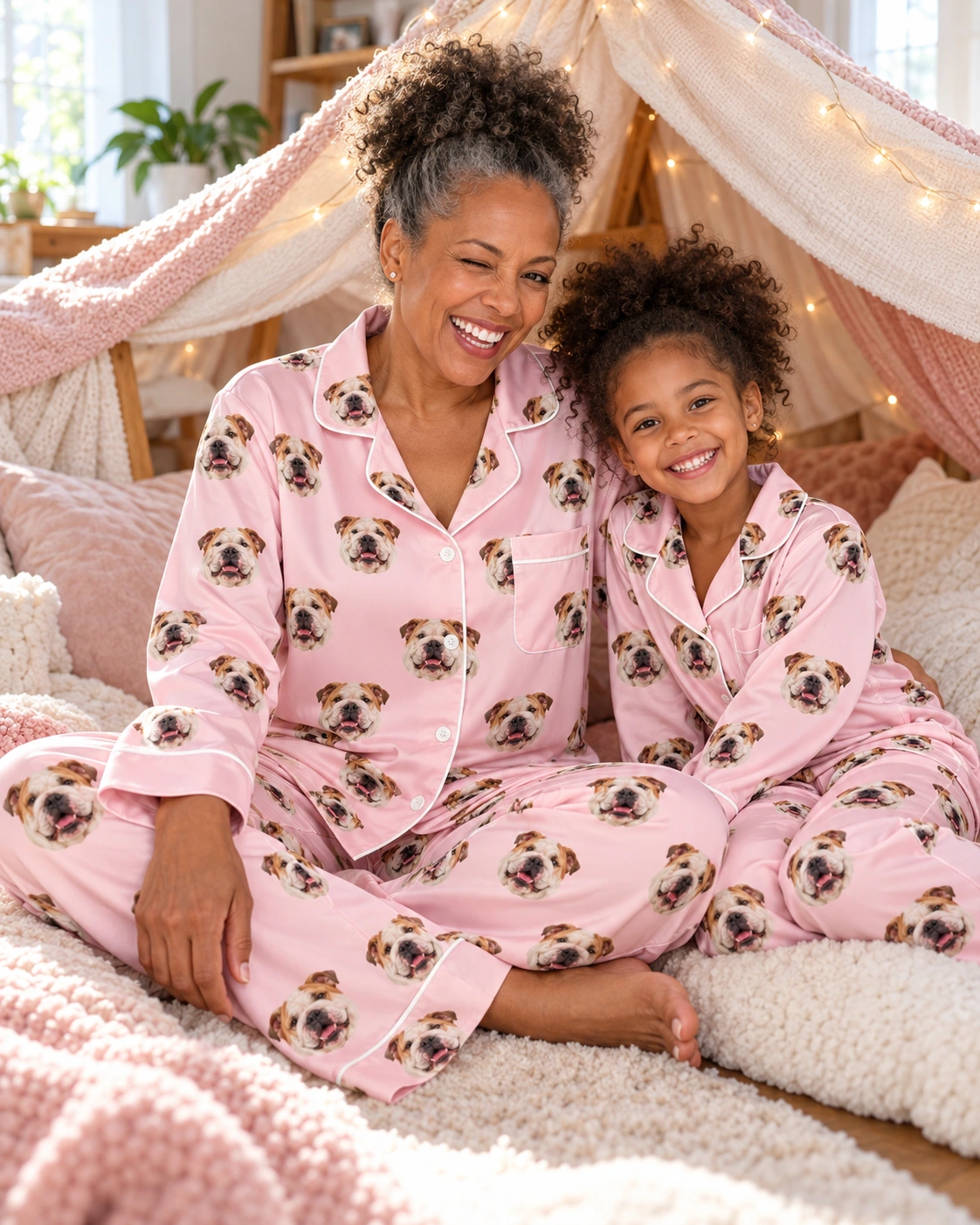 Women’s English Bulldog Pajamas – Family, Blush Pink | MyDogPics Woman and her daughter in matching womens english bulldog pajamas with white-and-fawn English Bulldog faces — MyDogPics