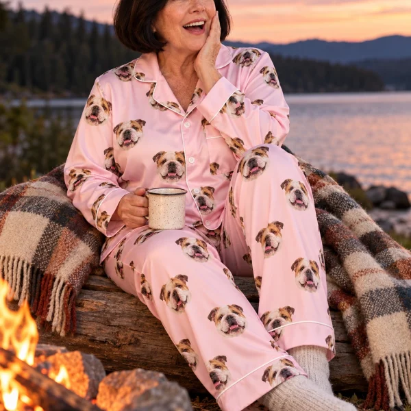 Woman sitting in womens english bulldog pajamas covered in white-and-fawn English Bulldog faces — MyDogPics