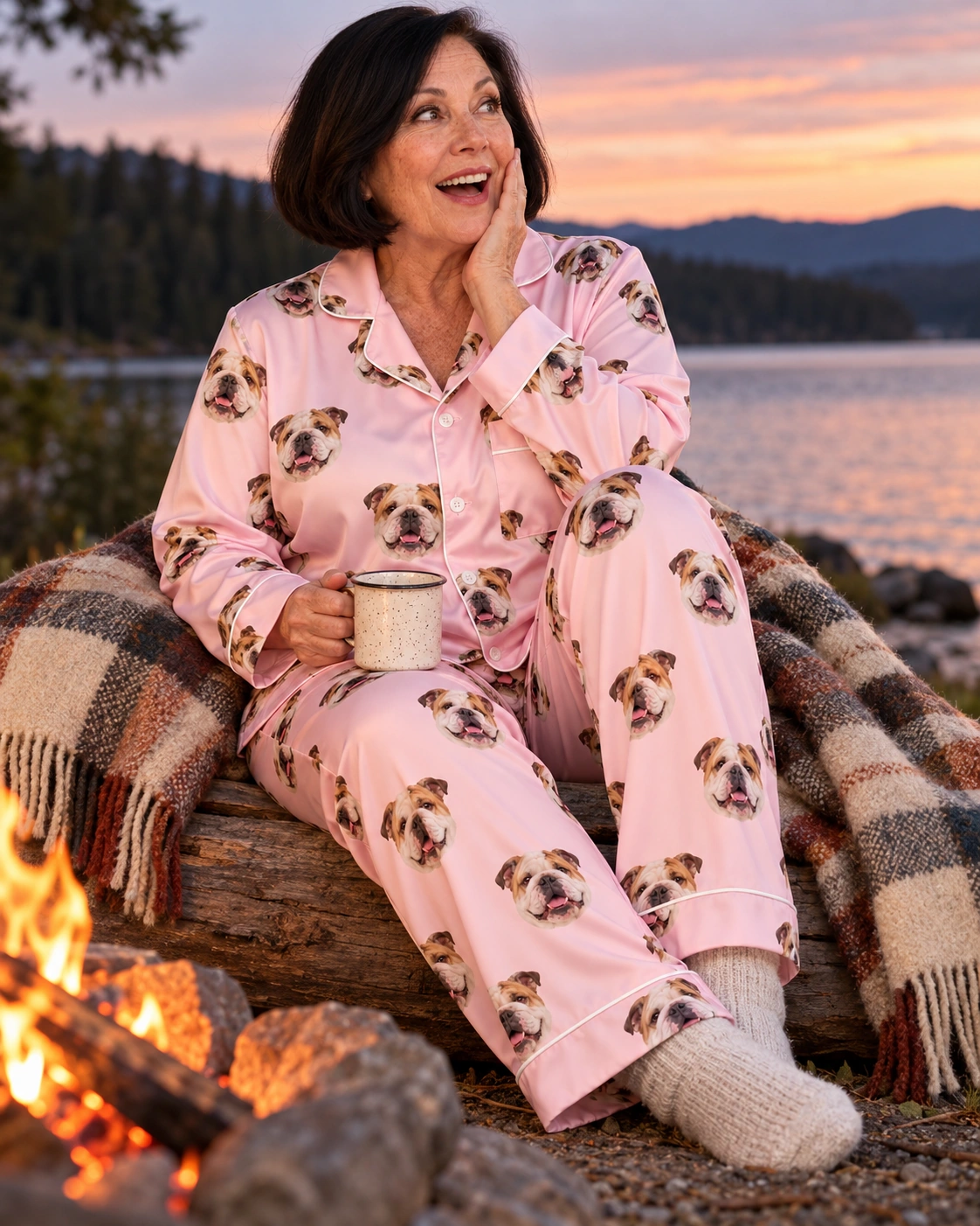 Women’s English Bulldog Pajamas – Sitting, Blush Pink | MyDogPics Woman sitting in womens english bulldog pajamas covered in white-and-fawn English Bulldog faces — MyDogPics