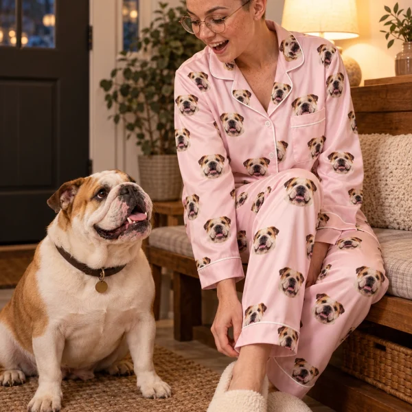 Woman in womens english bulldog pajamas with her Bulldog — MyDogPics