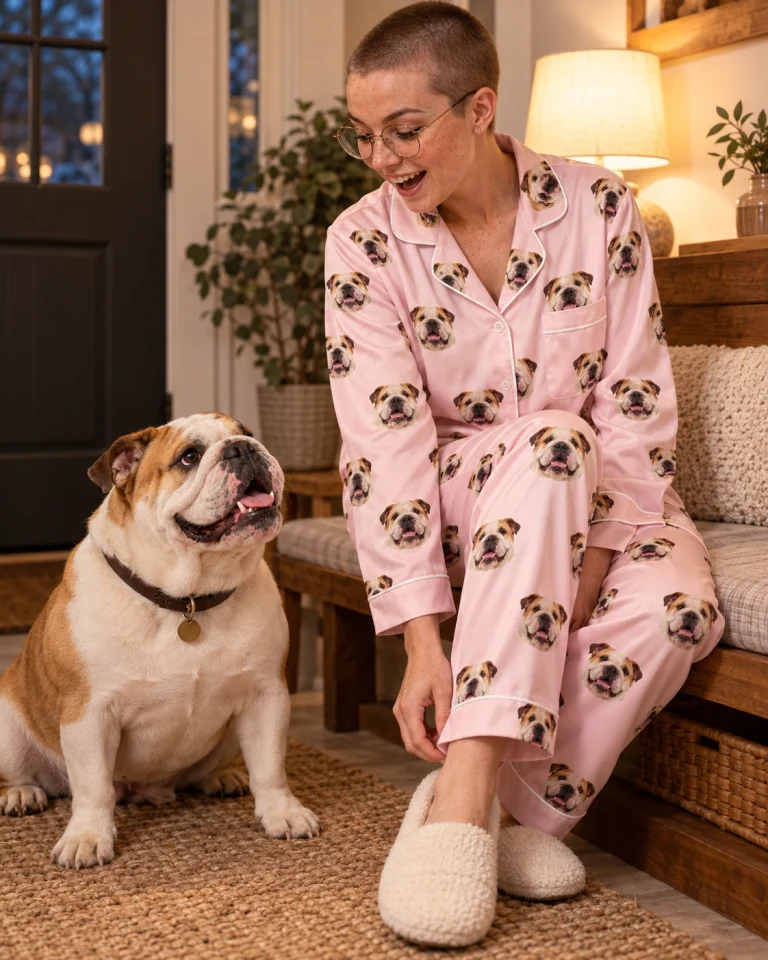 Woman in womens english bulldog pajamas with her Bulldog — MyDogPics