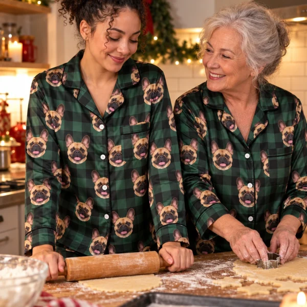 Woman and her mother in matching womens French bulldog Christmas pajamas with fawn French Bulldog faces — MyDogPics