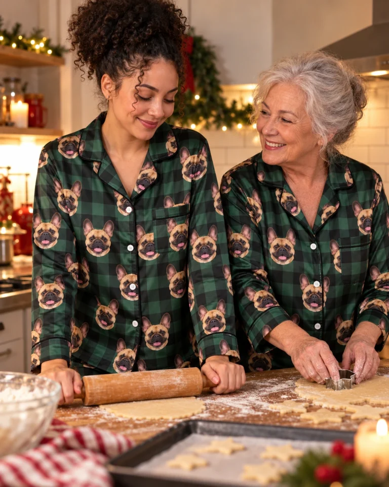 Woman and her mother in matching womens French bulldog Christmas pajamas with fawn French Bulldog faces — MyDogPics