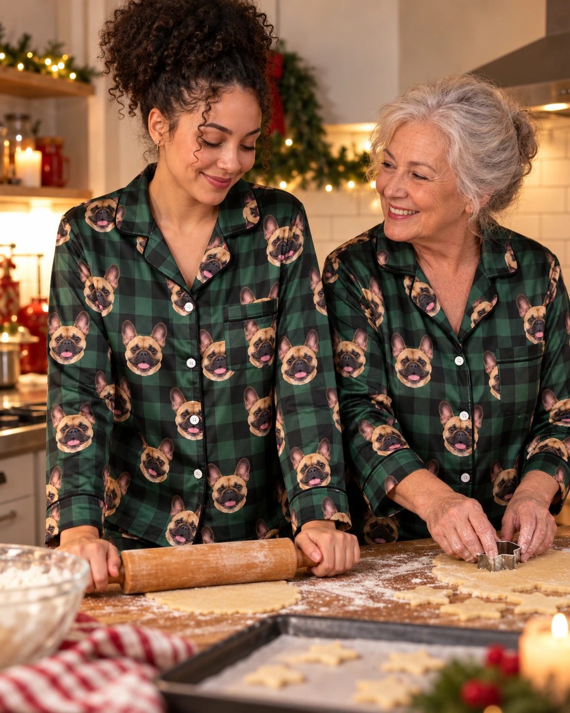 Women’s French Bulldog Christmas Pajamas – Family, Green Plaid | MyDogPics Woman and her mother in matching womens French bulldog Christmas pajamas with fawn French Bulldog faces — MyDogPics