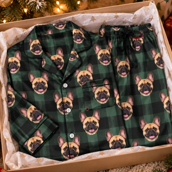 Flat lay of womens French bulldog Christmas pajamas: shirt and pants covered in fawn French Bulldog faces — MyDogPics
