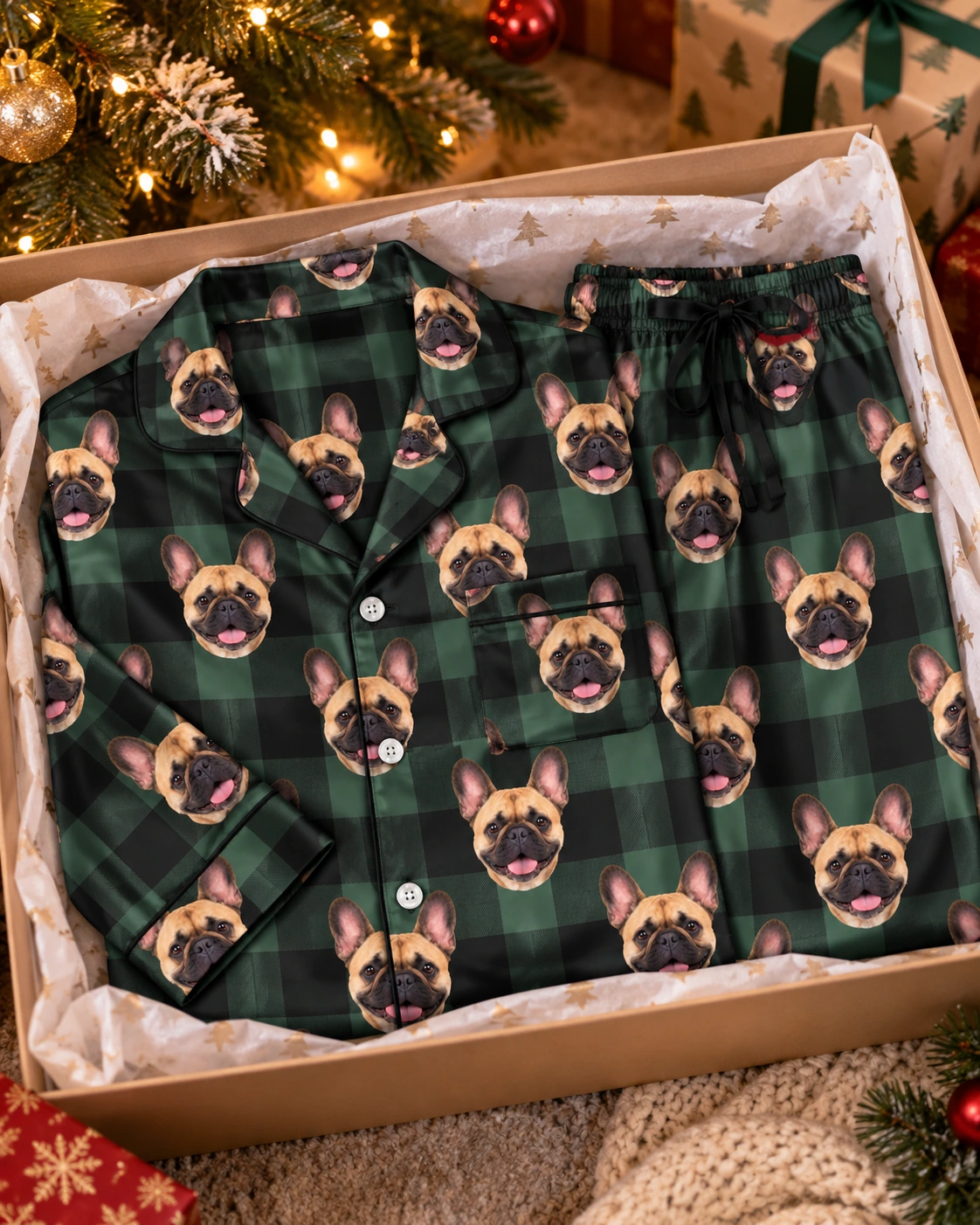 Women’s French Bulldog Christmas Pajamas – Flat Lay, Green Plaid | MyDogPics Flat lay of womens French bulldog Christmas pajamas: shirt and pants covered in fawn French Bulldog faces — MyDogPics