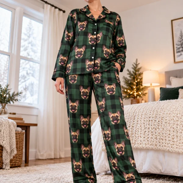 Woman wearing womens French bulldog Christmas pajamas covered in fawn French Bulldog faces on green plaid satin — MyDogPics
