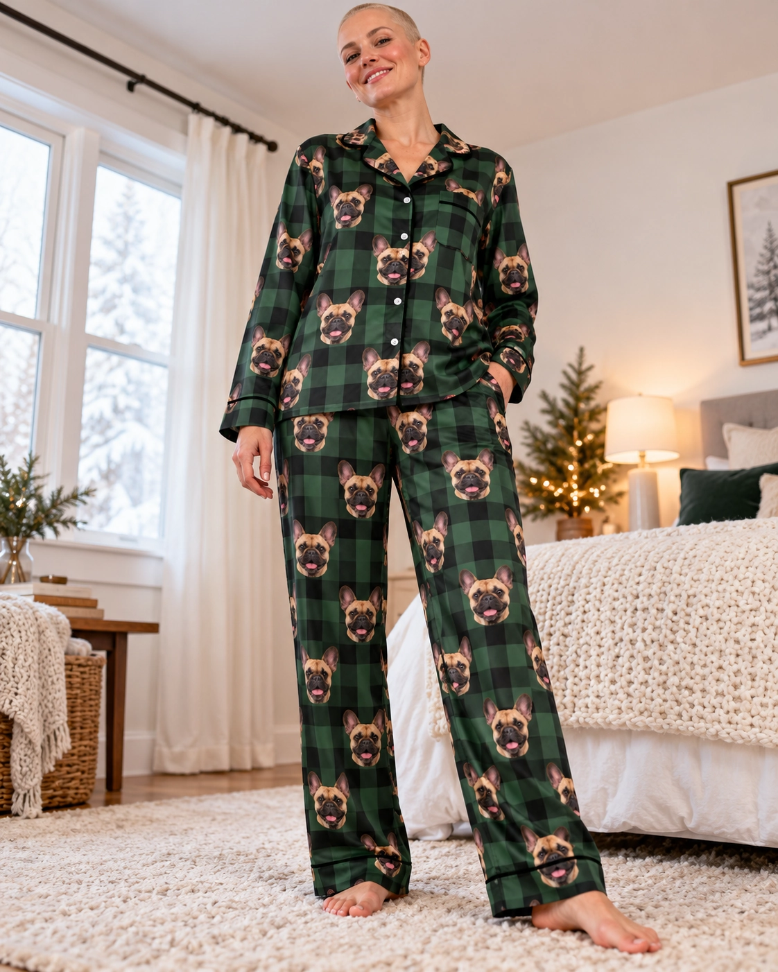 Women’s French Bulldog Christmas Pajamas – Front View, Green Plaid | MyDogPics Woman wearing womens French bulldog Christmas pajamas covered in fawn French Bulldog faces on green plaid satin — MyDogPics