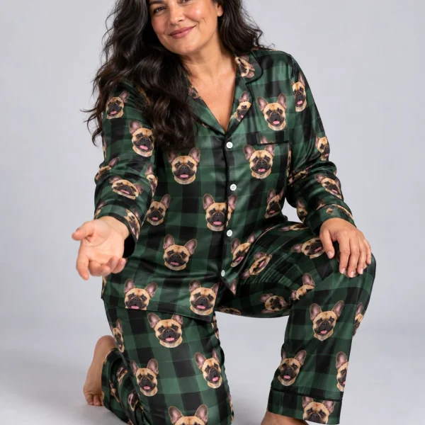 Woman posing in womens French bulldog Christmas pajamas, fawn French Bulldog faces on green plaid satin — MyDogPics
