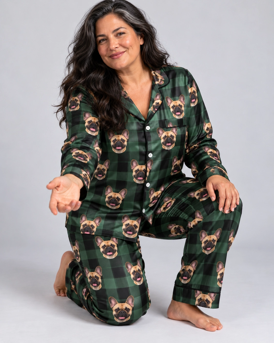 Women’s French Bulldog Christmas Pajamas – Pose, Green Plaid | MyDogPics Woman posing in womens French bulldog Christmas pajamas, fawn French Bulldog faces on green plaid satin — MyDogPics