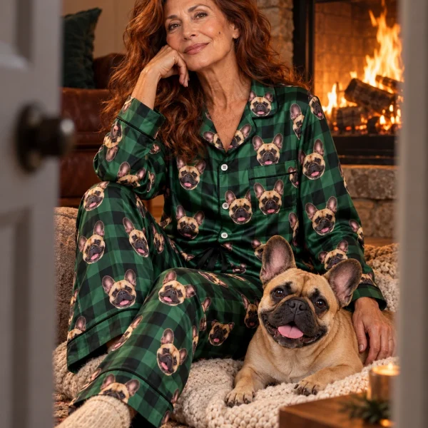 Woman in womens French bulldog Christmas pajamas with her French Bulldog — MyDogPics