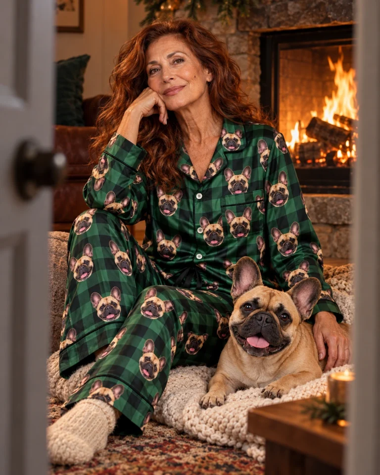 Woman in womens French bulldog Christmas pajamas with her French Bulldog — MyDogPics