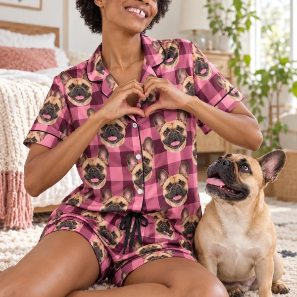 Woman in womens French bulldog short sleeve pajamas with her French Bulldog — MyDogPics