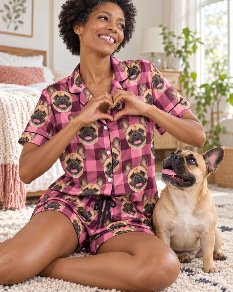 Woman in womens French bulldog short sleeve pajamas with her French Bulldog — MyDogPics