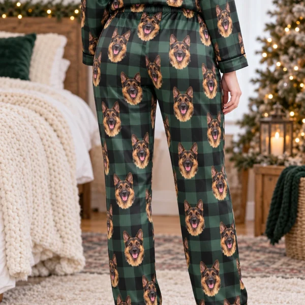 Back view of womens German shepherd Christmas pajamas: the print continues all the way round — MyDogPics