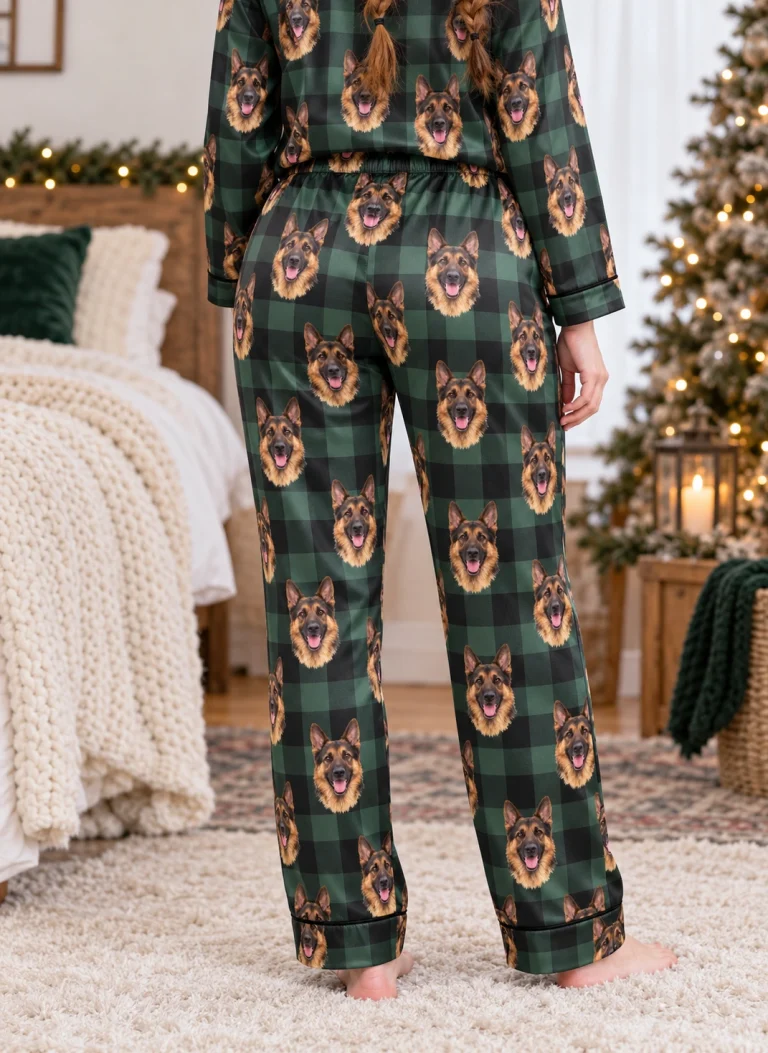 Back view of womens German shepherd Christmas pajamas: the print continues all the way round — MyDogPics