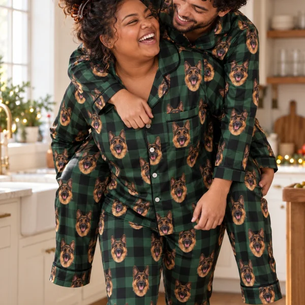 Woman and her partner in matching womens German shepherd Christmas pajamas — MyDogPics