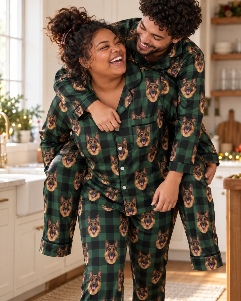 Woman and her partner in matching womens German shepherd Christmas pajamas — MyDogPics