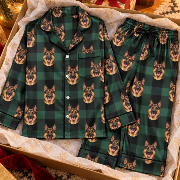 Flat lay of womens German shepherd Christmas pajamas — MyDogPics