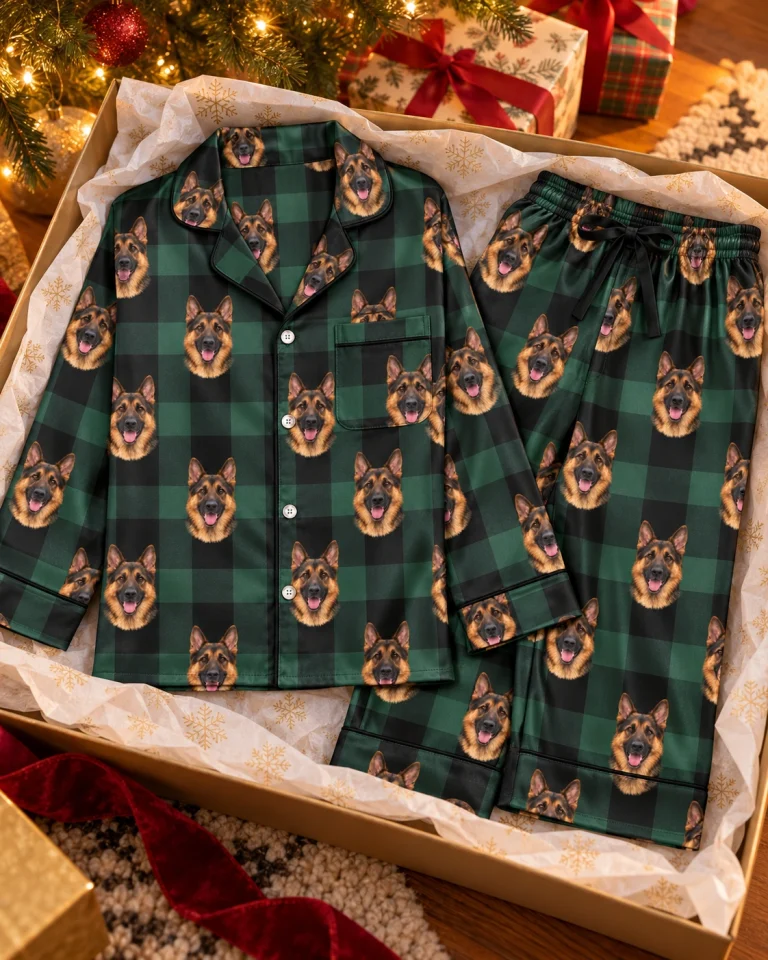 Flat lay of womens German shepherd Christmas pajamas — MyDogPics