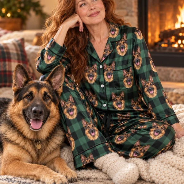 Woman in womens German shepherd Christmas pajamas with her German Shepherd — MyDogPics