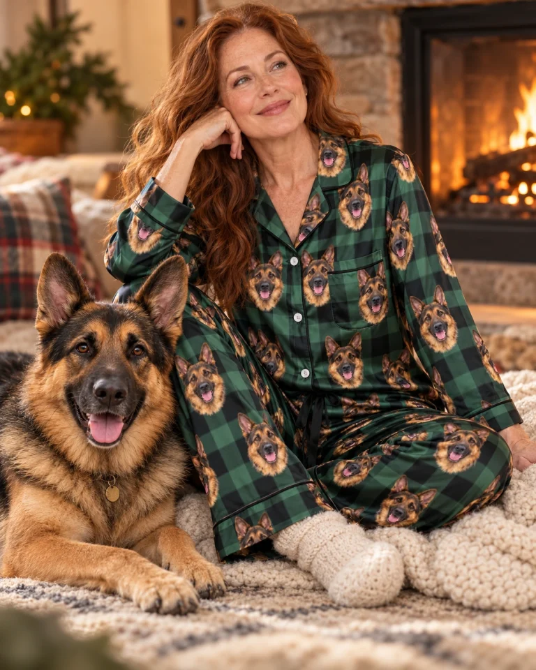 Woman in womens German shepherd Christmas pajamas with her German Shepherd — MyDogPics