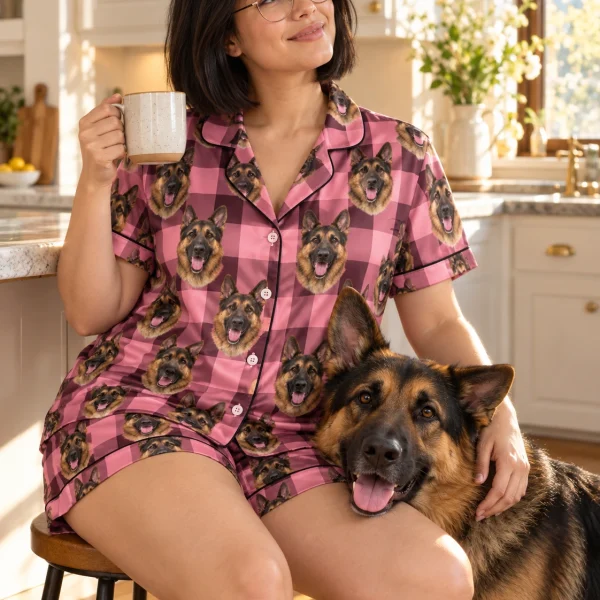 Woman in womens German shepherd short sleeve pajamas with her German Shepherd — MyDogPics