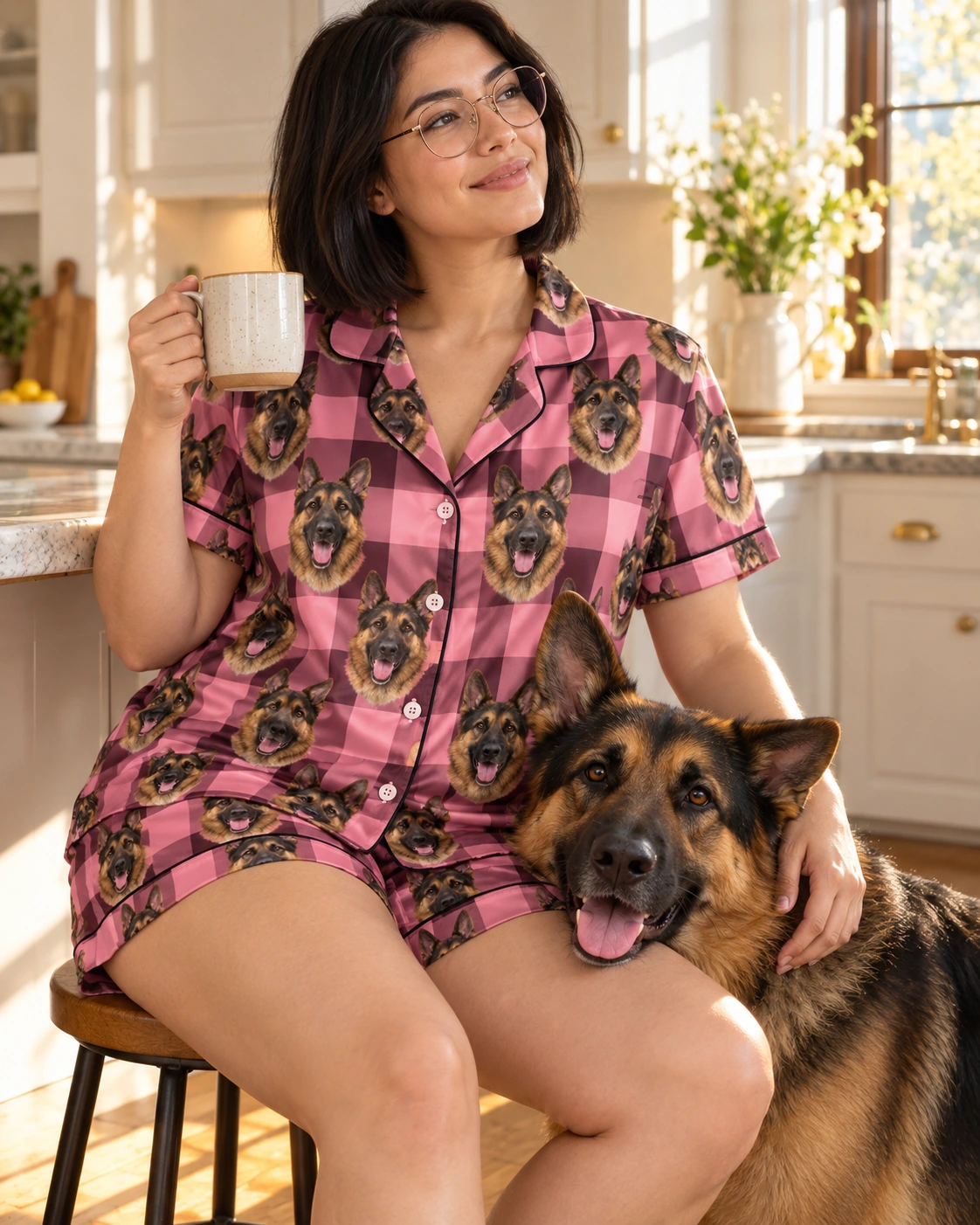 Women’s German Shepherd Short Sleeve Pajamas – With Dog, Pink Plaid | MyDogPics Woman in womens German shepherd short sleeve pajamas with her German Shepherd — MyDogPics