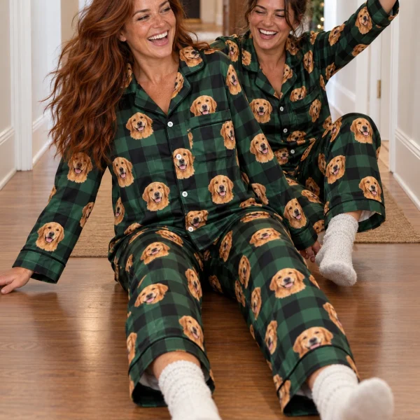 Woman and her sister in matching womens golden retriever Christmas pajamas with golden Golden Retriever faces — MyDogPics