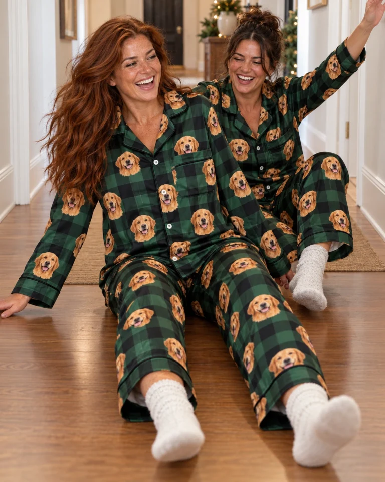 Woman and her sister in matching womens golden retriever Christmas pajamas with golden Golden Retriever faces — MyDogPics