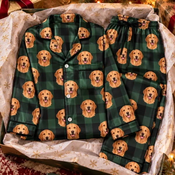 Flat lay of womens golden retriever Christmas pajamas: shirt and pants covered in golden Golden Retriever faces — MyDogPics