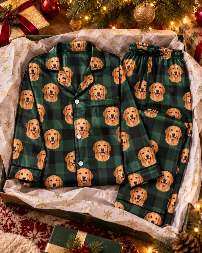Flat lay of womens golden retriever Christmas pajamas: shirt and pants covered in golden Golden Retriever faces — MyDogPics