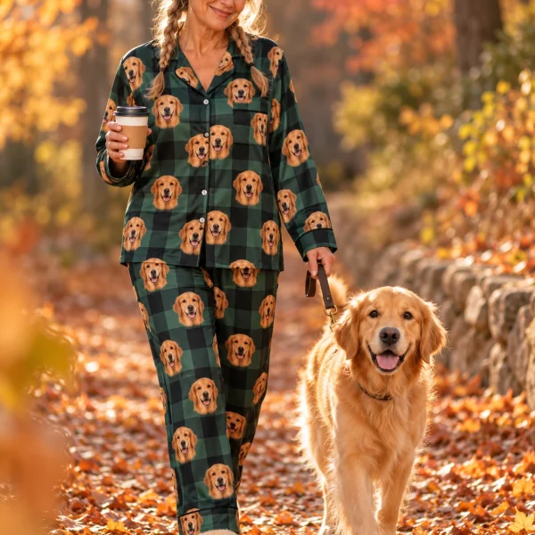 Woman in womens golden retriever Christmas pajamas with her Golden Retriever — MyDogPics