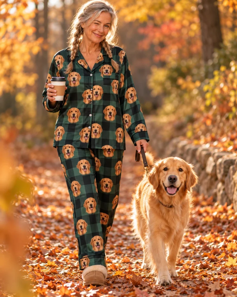 Woman in womens golden retriever Christmas pajamas with her Golden Retriever — MyDogPics