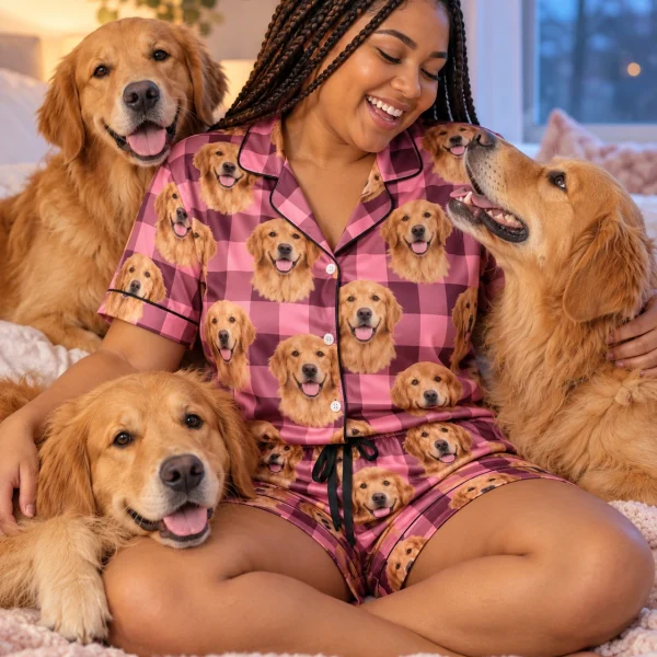 Woman in womens golden retriever short sleeve pajamas cuddling her Golden Retriever — MyDogPics