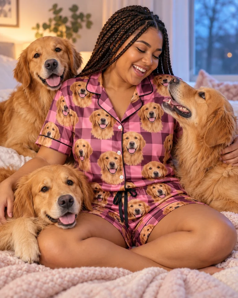 Woman in womens golden retriever short sleeve pajamas cuddling her Golden Retriever — MyDogPics