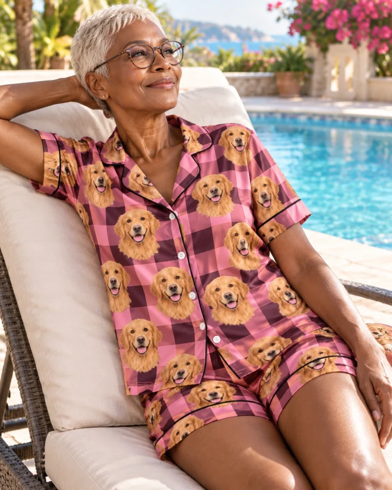 Woman sitting in womens golden retriever short sleeve pajamas covered in golden Golden Retriever faces — MyDogPics