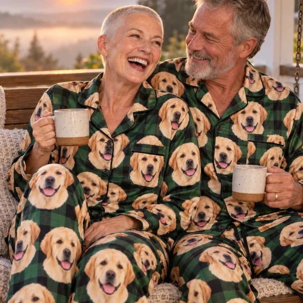 Woman and her partner in matching womens labrador Christmas pajamas with yellow Labrador Retriever faces — MyDogPics