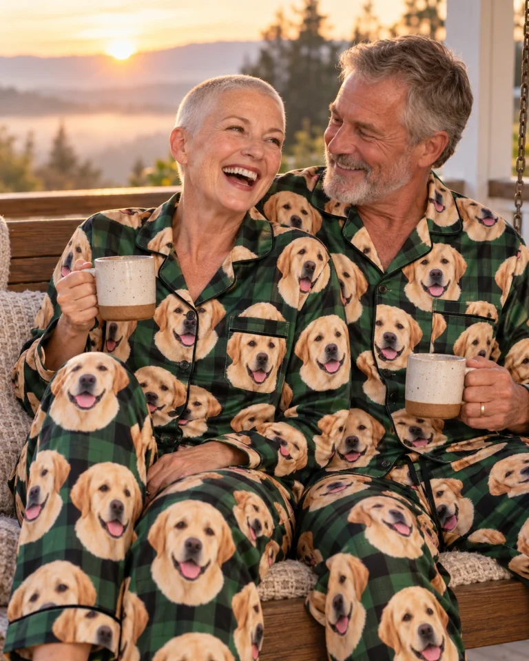 Woman and her partner in matching womens labrador Christmas pajamas with yellow Labrador Retriever faces — MyDogPics