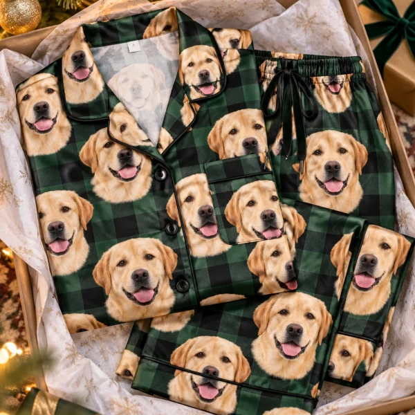 Flat lay of womens labrador Christmas pajamas: shirt and pants covered in yellow Labrador Retriever faces — MyDogPics